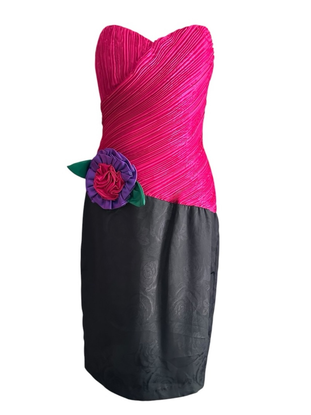 Vintage 80s Pantagis Strapless Prom Dress Hot Pink Black Rosette Petite S ILGWU